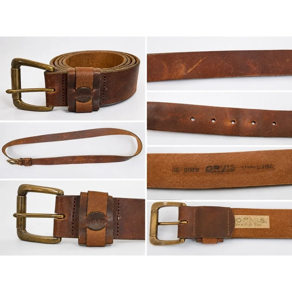 Orvis Leather Belt Mens 36 Brown Vintage 90s Full Grain Made in USA Western